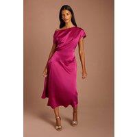 Coast Women's Petite Off-The Shoulder Asymmetric Hem Satin Midi Dress in Berry | Size: 14