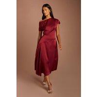 Coast Women's Petite Off-The Shoulder Asymmetric Hem Satin Midi Dress in Burgundy | Size: 6