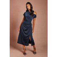 Coast Women's Petite Off-Shoulder Satin Side Tie Midi Dress in Navy | Size: 10