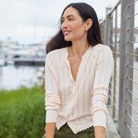 Lands' End Women's Cotton Pointelle Satin Neck Trim Cardigan in Pink | Size: 14-16