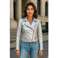 Infinity Leather Women's Cropped Brando Leather Biker Jacket-Durban in Silver | Size: 14