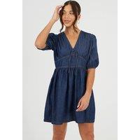 Brave Soul Women's Chambray Short Puff Sleeve Mini Dress in Indigo | Size: Medium