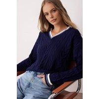 WOVCOR Women's Cable Knit V Neck Contrast Trim Jumper in Navy | Size: Medium