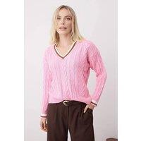 WOVCOR Women's Cable Knit V Neck Contrast Trim Jumper in Pink | Size: Small