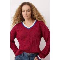 WOVCOR Women's Cable Knit V Neck Contrast Trim Jumper in Burgundy | Size: Small