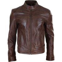 TruClothing Men's Classic Leather Biker Jacket Collarless in Brown | Size: Medium