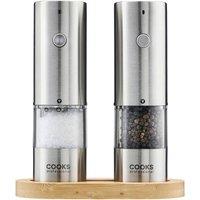 Cooks Professional Rechargeable Salt & Pepper Mill Set with Bamboo Base in Silver