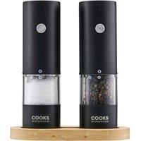 Cooks Professional Rechargeable Salt & Pepper Mill Set with Bamboo Base in Black
