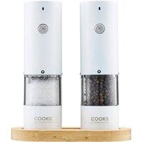 Cooks Professional Rechargeable Salt & Pepper Mill Set with Bamboo Base in White
