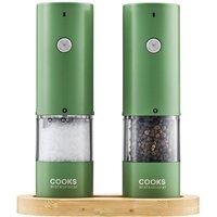 Cooks Professional Rechargeable Salt & Pepper Mill Set with Bamboo Base in Green