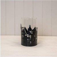 KDMD Large Black Metal House Scene Candle Holder with Glass Insert