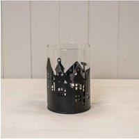 KDMD Medium Black Metal House Scene Candle Holder with Glass Insert