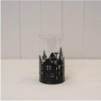 KDMD Small Black Metal House Scene Candle Holder with Glass Insert
