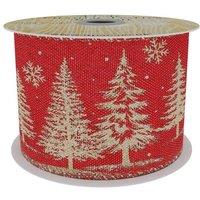 KDMD Red Mesh Ribbon with Gold Xmas Tree Print 63mm x 10yd