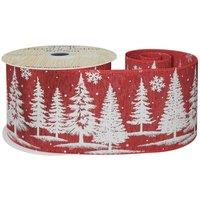 KDMD Red Mesh Ribbon with White Xmas Tree Print 63mm x 10yd