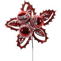 KDMD Red & White Bauble Pick with Leaves 12cm 6 Pack