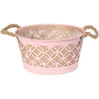 KDMD Round Pink Zinc Planter with Hessian Liner & Rope Handles