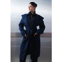 Zafosh Women's Hooded Wool Blend Relaxed Fit Belted Over coat in Navy | Size: Small