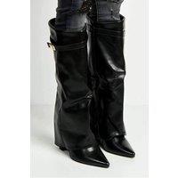 Miss Diva Women's Ayla Block Heel Pointy Toe Collared PU Calfboots with Clasp Detail in Black | Size: 7
