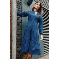 Roman Women's Cotton Denim Tiered Midi Dress in Mid Blue | Size: 14