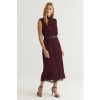 WOVCOR Women's High Neck Sleeveless Belted Pleated Midi Dress in Burgundy | Size: 10