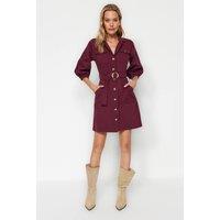 WOVCOR Women's Belted Button Detail Long Sleeve Mini Shirt Dress in Burgundy | Size: 6