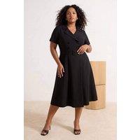 WOVCOR Women's Shirt Collar Short Sleeve A-Line Midi Dress in Black | Size: 14
