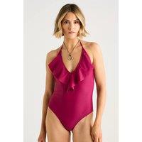 Gini London Women's Magenta Ruffle Front Halter Neck Swimsuit | Size: 14
