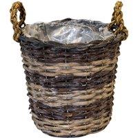 Four Candle 25cm Willow Round Basket with Braided Handles & Plastic Lining in Brown