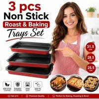 PAWNORA Non Stick Baking Tray Set 3 Piece Roasting Tins in Red | Size: 0.6m2