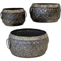 Four Candle Set of 3 Embossed Galvanised Metal Bowl Planters in Grey