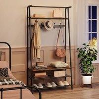 London Boutique 4-in-1 Coat Rack Shoe Bench Hallway Storage Organizer w/ 5 Hooks in Brown