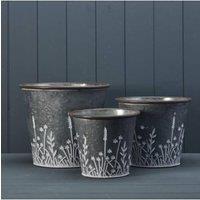 KDMD Set of Three Rustic metal planters with Meadow design in Grey