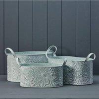 KDMD Sage Oval Zinc Planters with Floral Design Set of 3 in Pale Green