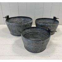 KDMD Set of Three Dark Round Planters with Bird in Grey