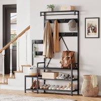 London Boutique Coat Rack Hall Tree w/Shoe Rack Bench &Hooks Hallway Storage Organizer in Black