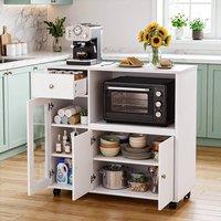 KORVIXA Rolling Kitchen Island Sideboard Trolley with Microwave Shelf in White | Size: 100 cm