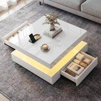 KORVIXA High Gloss LED Coffee Table With 2 Drawers Modern 2 Tier in White | Size: 100 cm x 100 cm