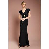 Coast Women's Honoured V Neck Angel Short Sleeve Satin Maxi Bridesmaid Dress in Black | Size: 16