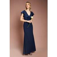 Coast Women's Honoured V Neck Angel Short Sleeve Satin Maxi Bridesmaid Dress in Navy | Size: 18
