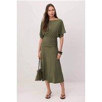 WOVCOR Women's Boat Neck Batwing Sleeve Short Sleeve Skater Maxi Dress in Khaki | Size: Large