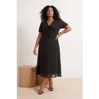 WOVCOR Women's V Neck Balloon Sleeve Tiered Midi Dress in Black | Size: 14