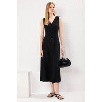WOVCOR Women's Button Detail Sleeveless V Neck Midi Shirt Dress in Black | Size: 6