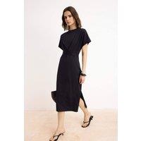 WOVCOR Women's Batwing Sleeve Bodycon Midi Dress with Tie Waist Detail in Black | Size: Small