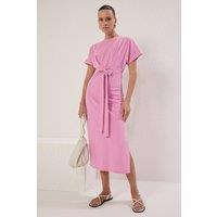 WOVCOR Women's Batwing Sleeve Bodycon Midi Dress with Tie Waist Detail in Light Pink | Size: Large