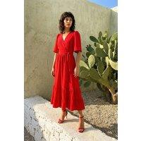 WOVCOR Women's Belted Wrap Neck Back Detail Midi Dress in Red | Size: 10