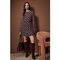 WOVCOR Women's Round Neck Long Sleeve A-Line Mini Dress in Brown | Size: 8