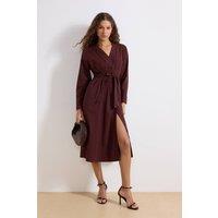 WOVCOR Women's Belted Button Front Long Sleeve V Neck Midi Shirt Dress in Brown | Size: 6