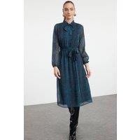 WOVCOR Women's Frill Neck Long Sleeve Skater Midi Dress in Emerald | Size: 8