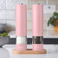 Cooks Professional Electric Salt & Pepper Mill Automatic Grinder with Bamboo Base in Pink